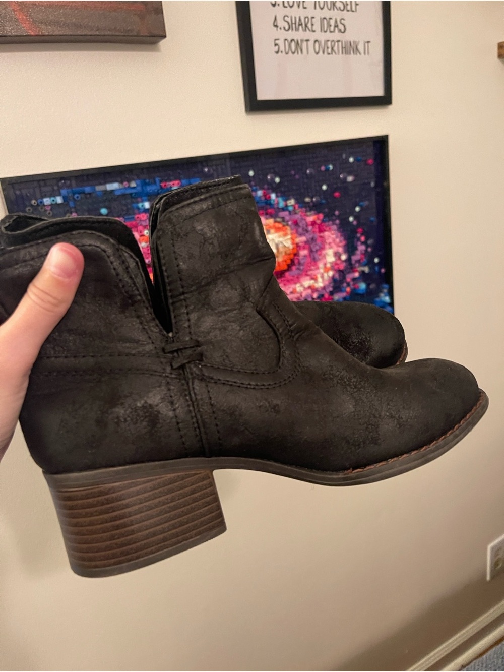 True Craft Black Textured Ankle Boots with Stacked Heel